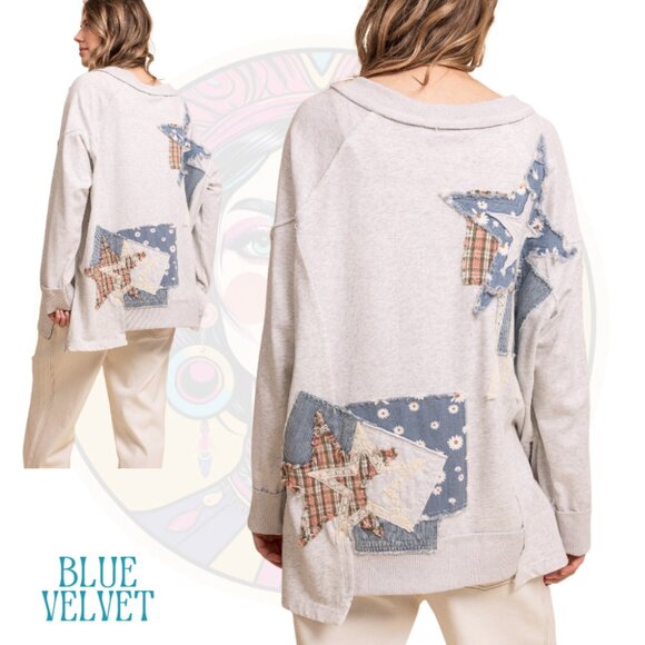 11V BLUE VELVET Mineral Wash Patchwork Top Heather Gray Blue - Picture 2 of 2